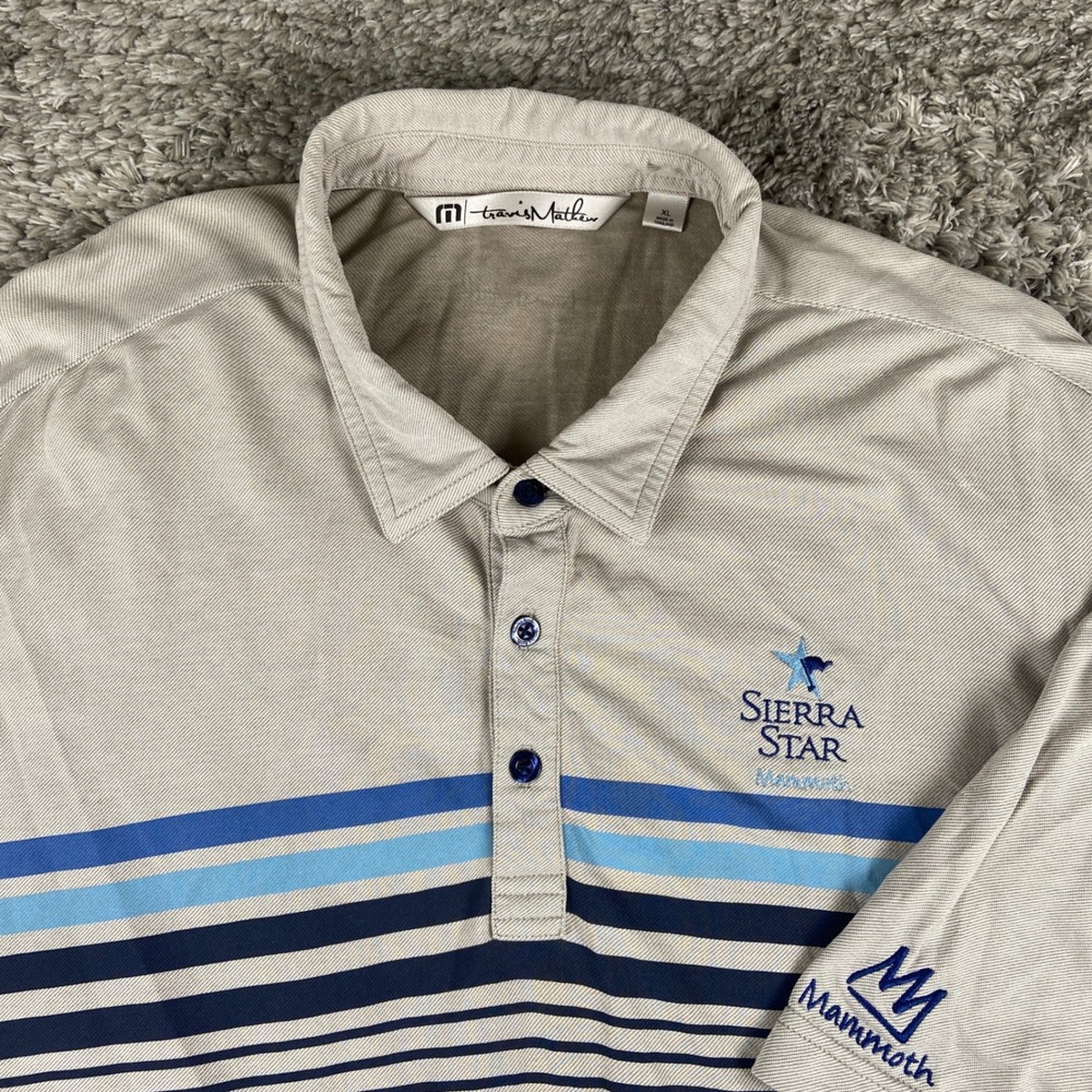 Travis Mathew Sierra Star Polo Mens‎ XL Beige Blue Striped Mammoth Golf Shirt